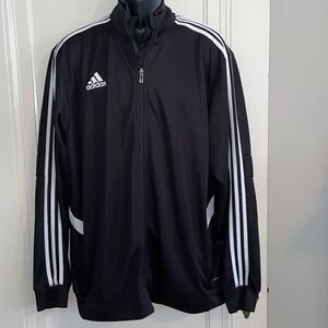 Adidas black knit polyester track jacket with the 3 white stripes on sleeves